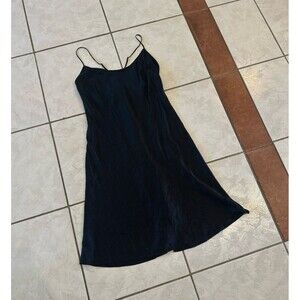 Y2K 2008 VS Victorias Secret 100% Silk Black Slip Dress Button Back Slit Size S